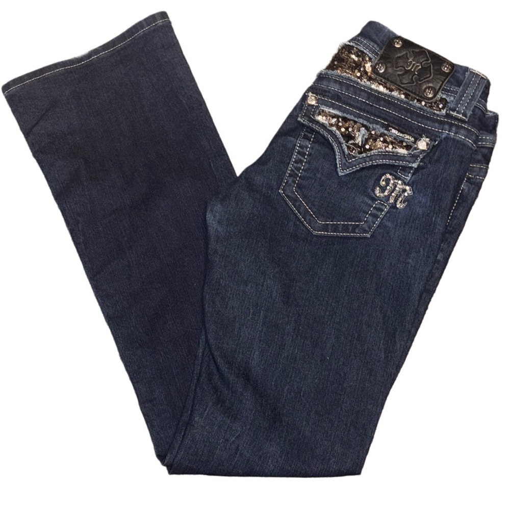Miss Me JE5731E2L 27x33 Dark Wash Rhinestone Sequin Flap Pocket Low Rise Bootcut